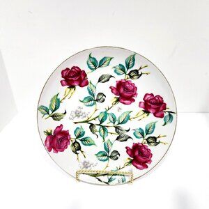 Vintage SAJI Japan Cake Plate – Large Round Porcelain Plate with Pink Roses, Gol